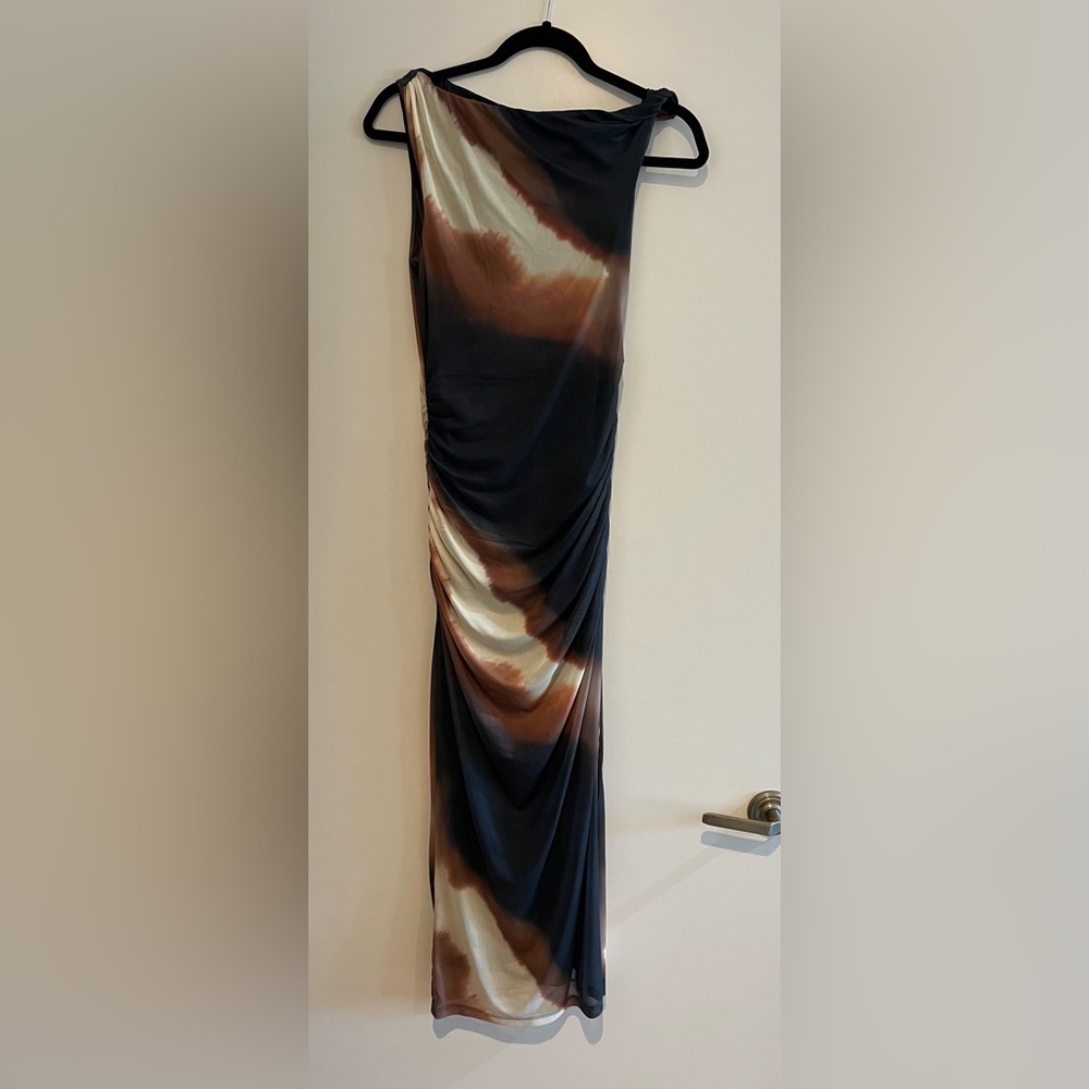 One-Shoulder Brown & Cream Ombre Ruched Maxi Dress